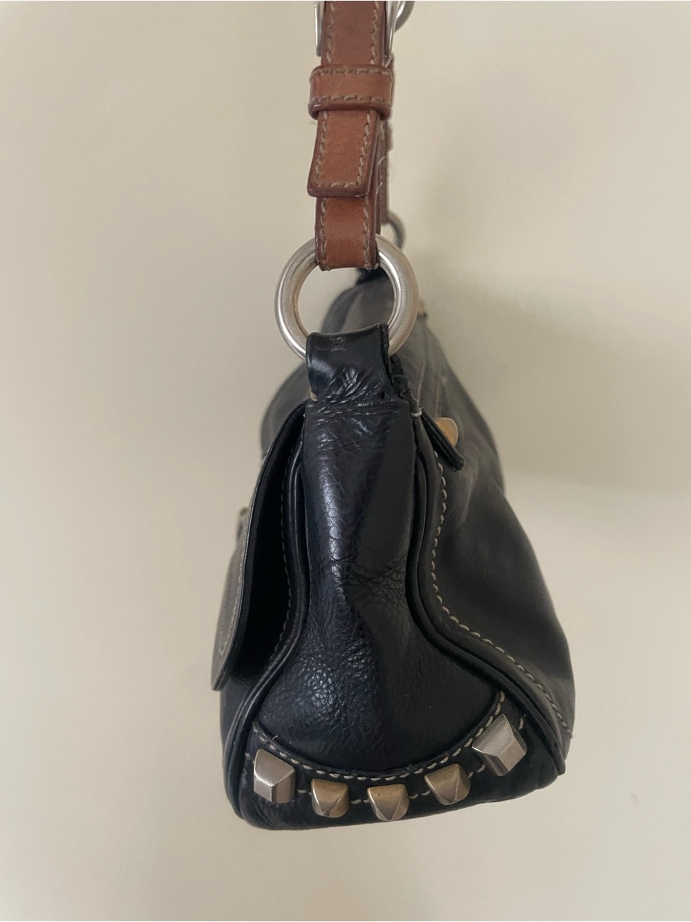 Prada Black Leather Shoulder Bag with Brown Strap and Stud Accents - Picture 6 of 6